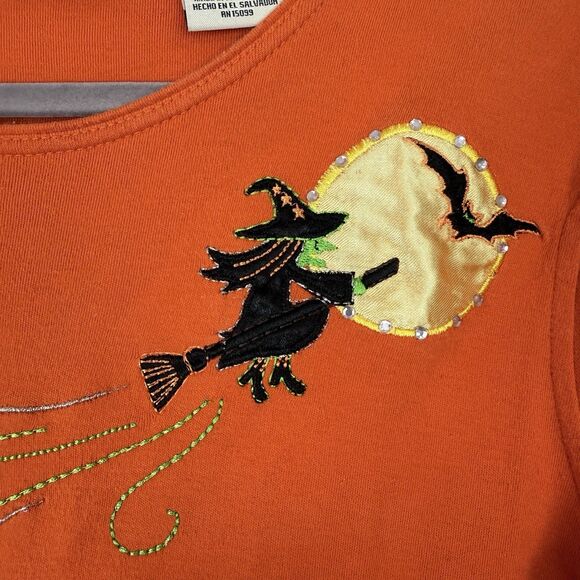 Vtg Halloween Long Sleeve Top Women Large Orange Embroidered Ghost Witch 90s Y2K - Picture 3 of 11